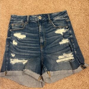 American eagle hi-rise shortie dark distressed jean short size 10